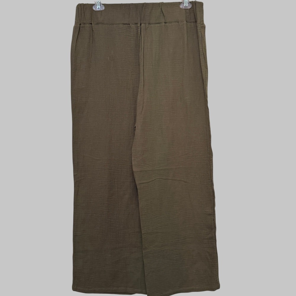 One5One Womens Wide Leg Pants XL Olive Green Cotton Gauze Crinkle Coastal Boho - Picture 2 of 8
